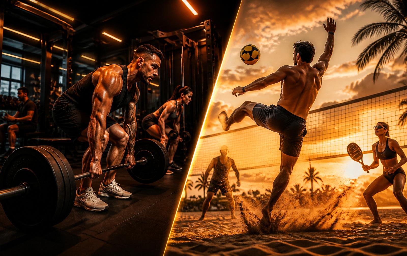Academia moderna e arena de areia com atletas de futevôlei, beach tennis e vôlei em ação